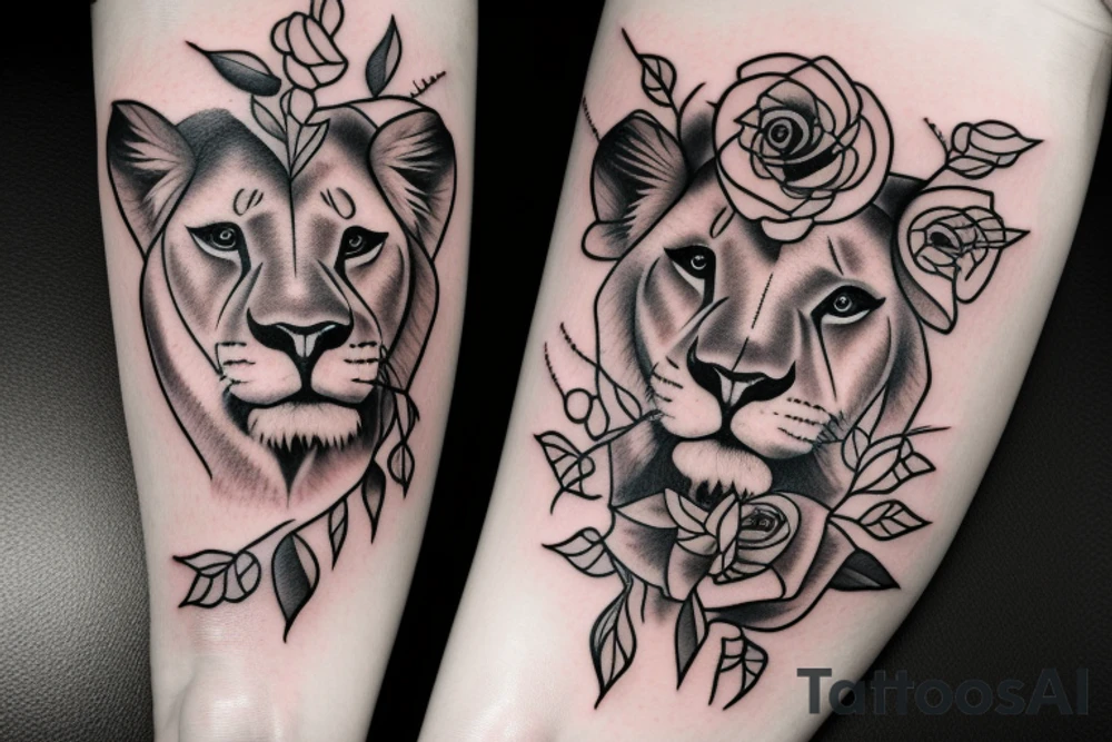 Realistic lioness with rose crown tattoo idea