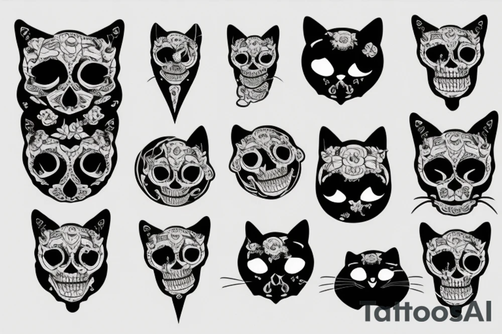 skull cat and rose tattoo idea