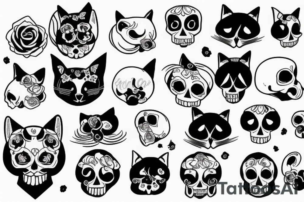 skull cat and rose tattoo idea