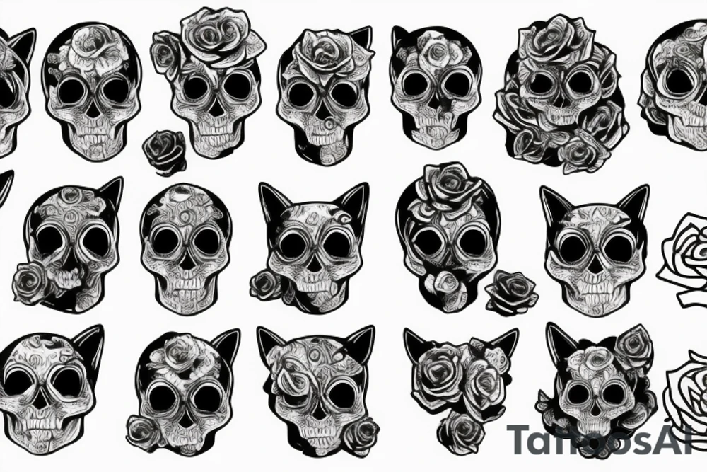 skull cat and rose tattoo idea