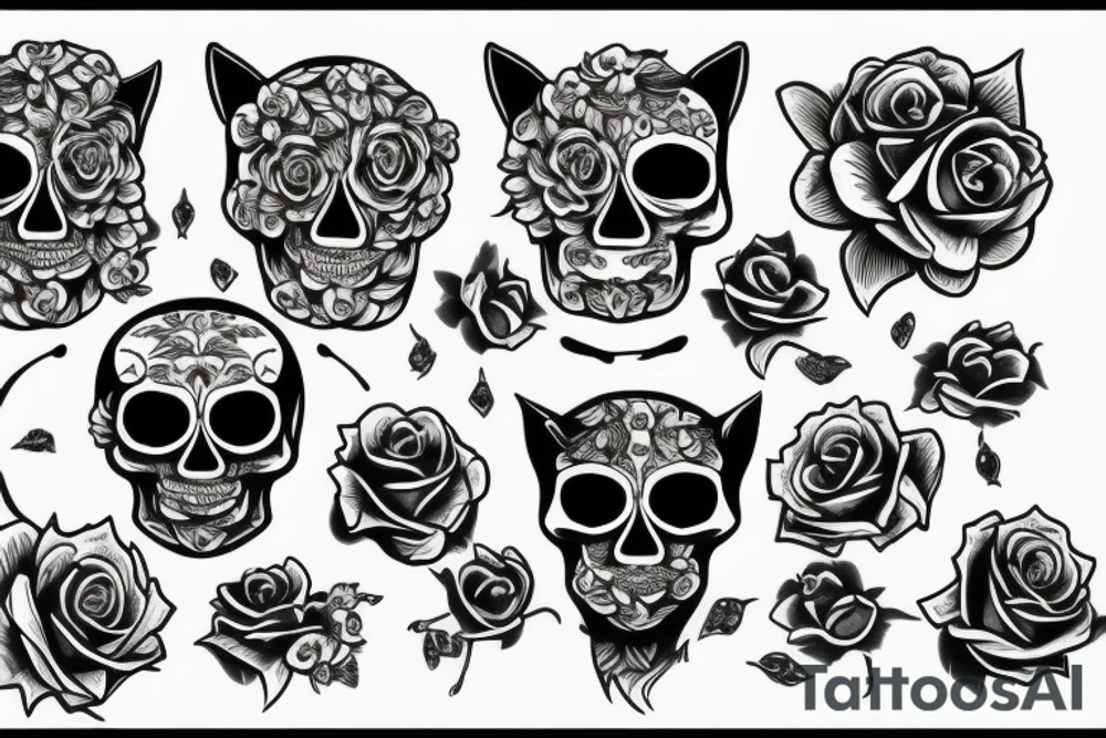skull cat and rose tattoo idea