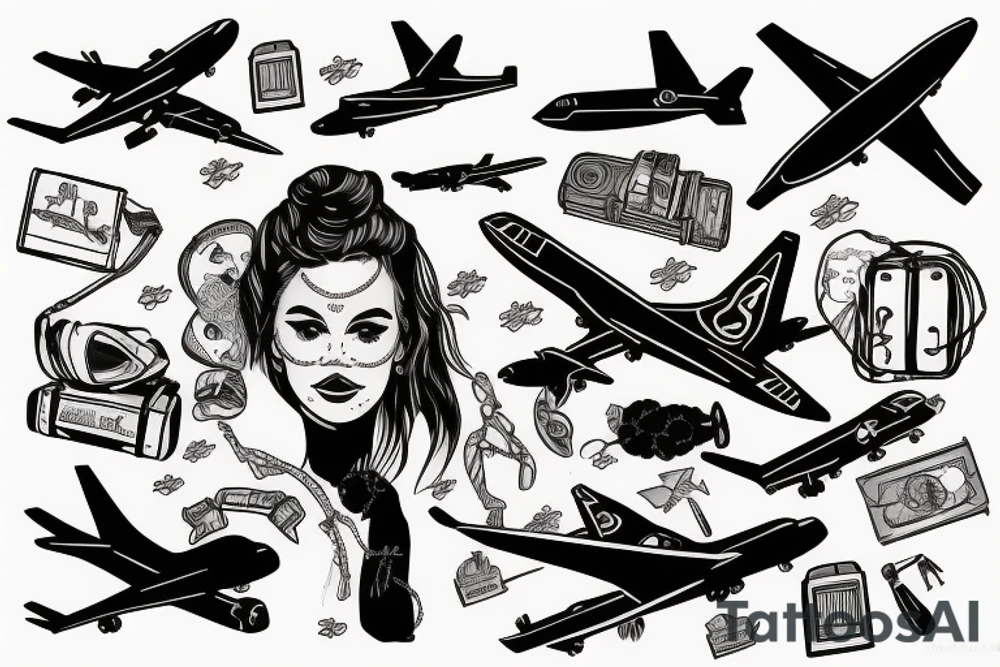 A girl with luggage wants to travel with airplane tattoo idea