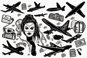 A girl with luggage wants to travel with airplane tattoo idea