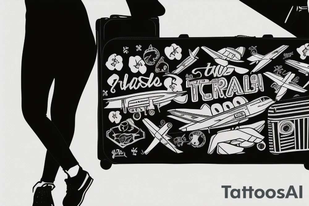 A girl with luggage wants to travel with airplane tattoo idea
