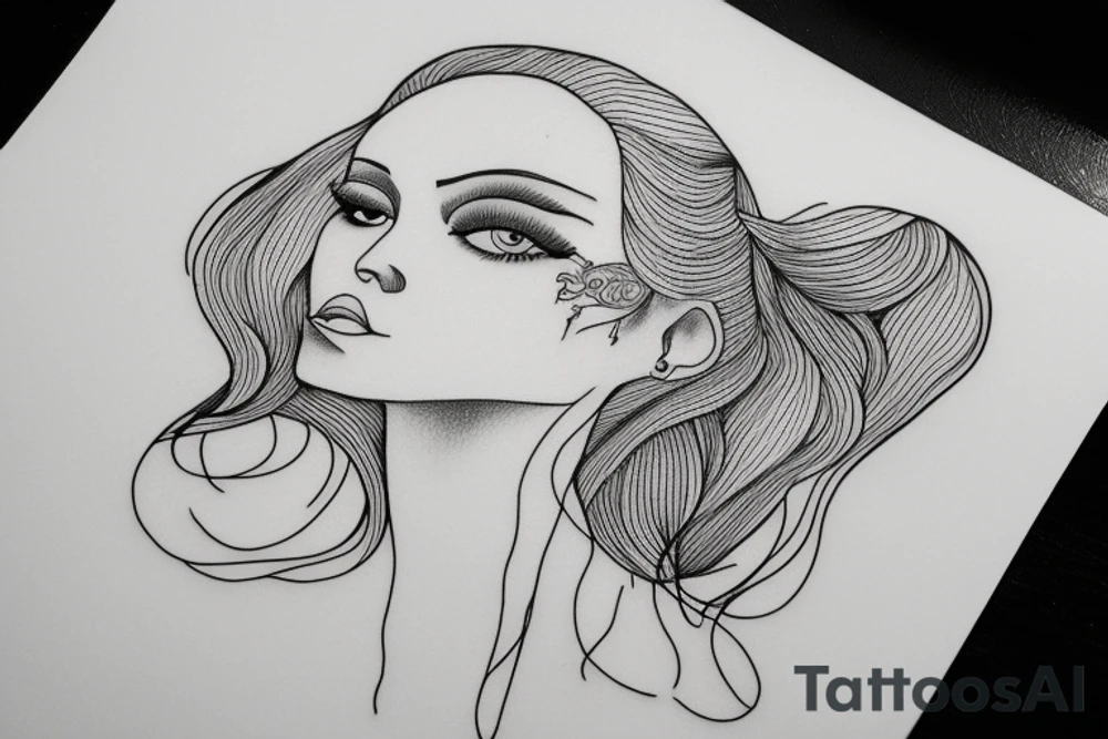 full woman's head minimalist continuous line art drawing tattoo idea