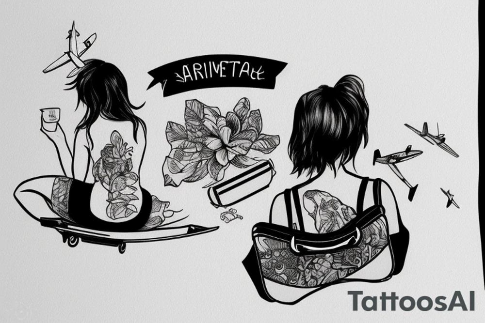 A girl with luggage wants to travel with airplane tattoo idea