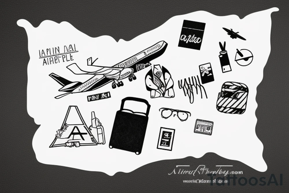 A minimal girl with luggage wants to travel with airplane tattoo idea