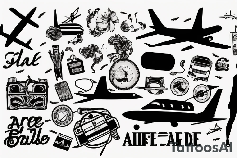 A minimal girl with luggage wants to travel with airplane tattoo idea