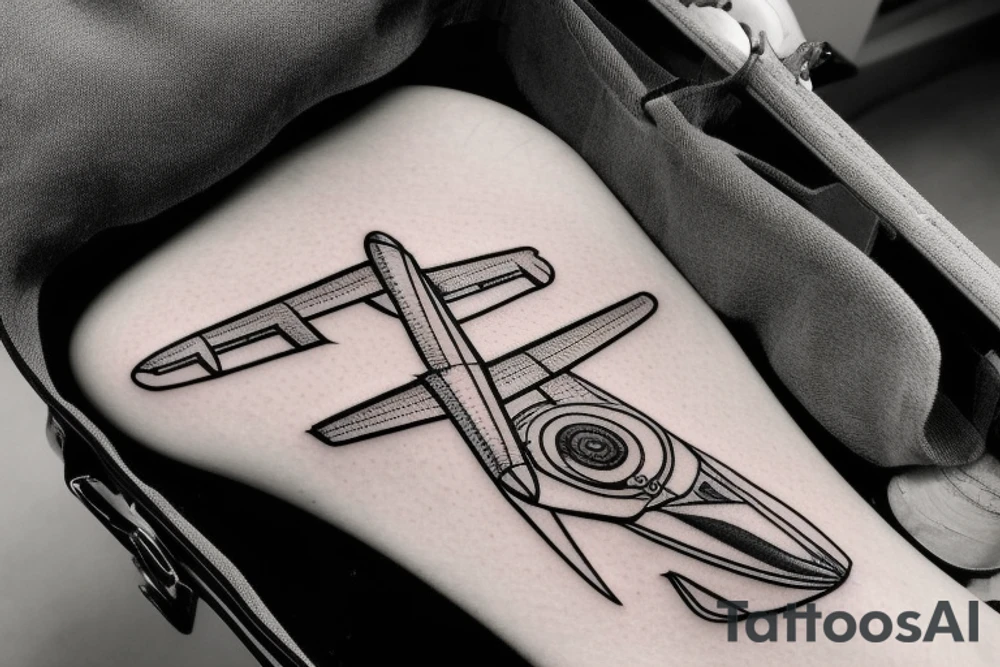 a minimal tatoo shows an airplane flying out of a suitcase to travel tattoo idea