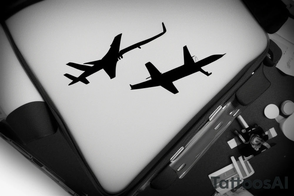 a minimal tatoo shows an airplane flying out of a suitcase to travel tattoo idea