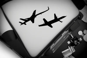 a minimal tatoo shows an airplane flying out of a suitcase to travel tattoo idea