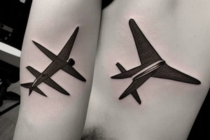 a minimal tatoo shows an airplane flying out of a suitcase to travel tattoo idea