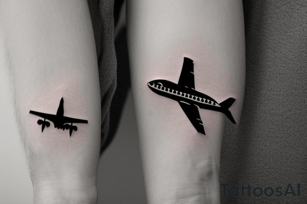 a minimal tatoo shows an airplane flying out of a suitcase to travel tattoo idea