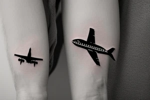 a minimal tatoo shows an airplane flying out of a suitcase to travel tattoo idea
