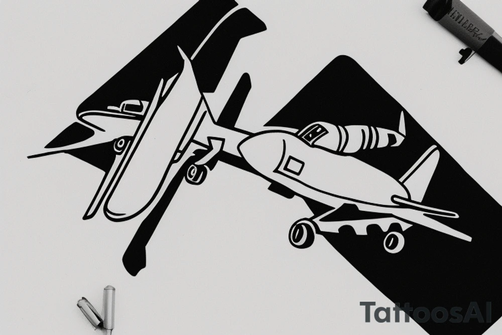 a minimal tattoo shows an airplane flying out of a suitcase to travel tattoo idea