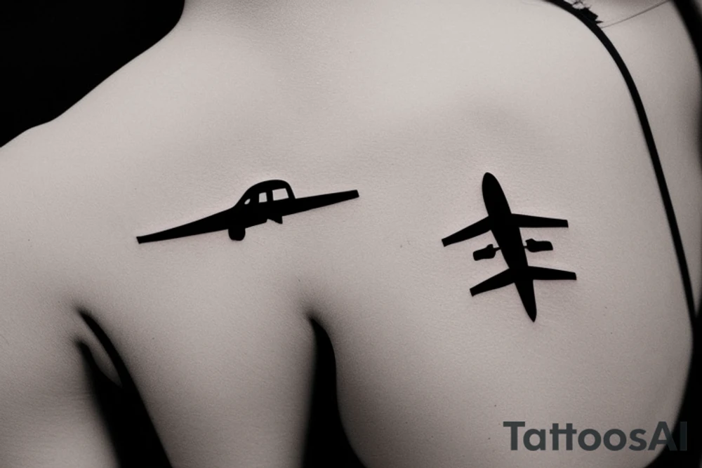 a minimal tattoo shows an airplane flying out of a suitcase to travel tattoo idea