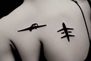 a minimal tattoo shows an airplane flying out of a suitcase to travel tattoo idea