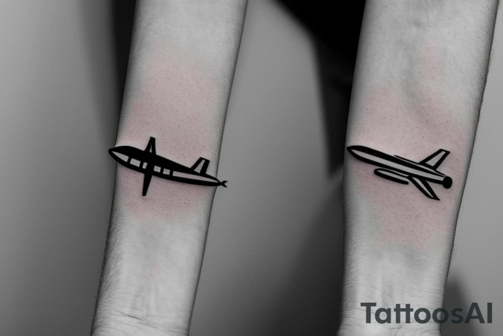 a minimal tattoo shows an airplane flying out of a suitcase to travel tattoo idea