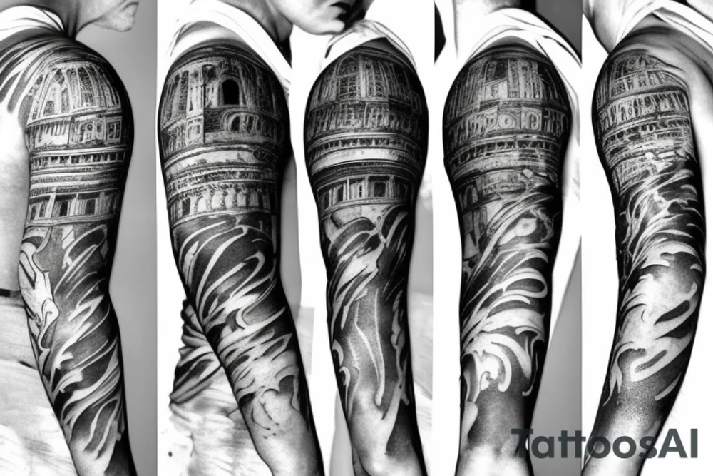 A half sleeve, with Italian influence that has the colosseum, clouds, marble statue of Marcus Aurelius  and other stuff tattoo idea
