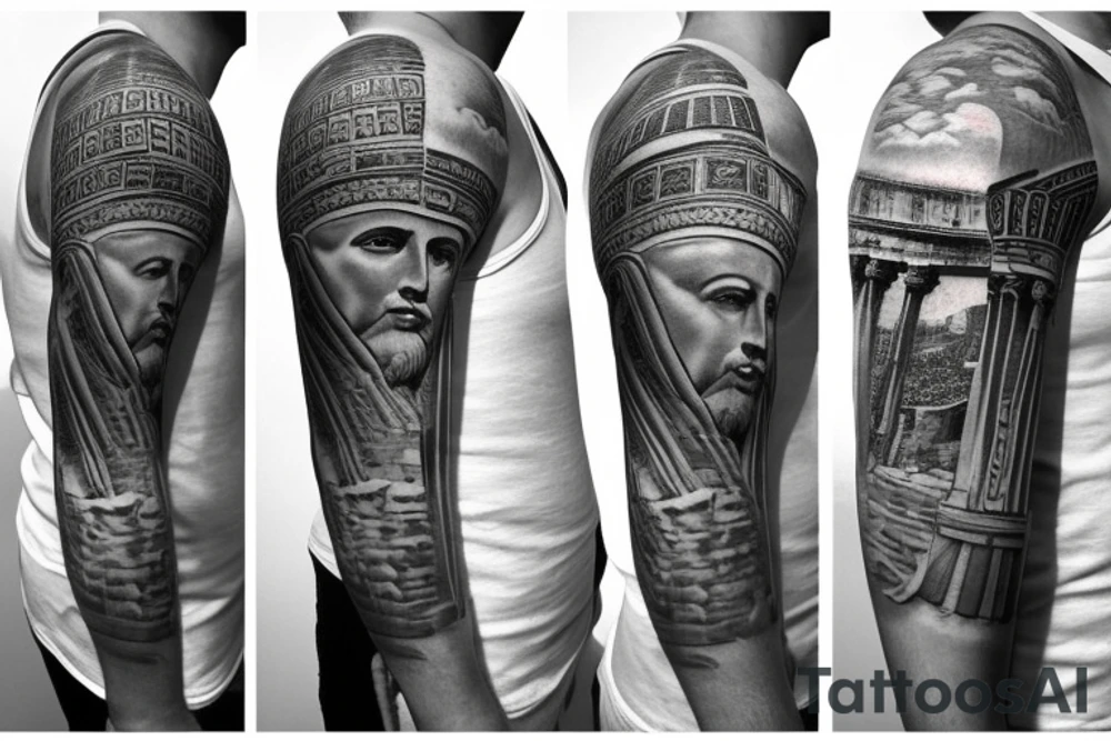A half sleeve, with Italian influence that has the colosseum, clouds, marble statue of Marcus Aurelius and others tattoo idea
