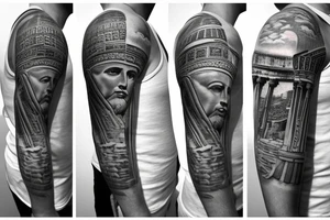 A half sleeve, with Italian influence that has the colosseum, clouds, marble statue of Marcus Aurelius  and others tattoo idea