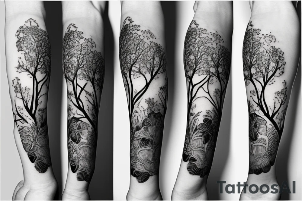 Large black tree branch with ginko leaves, flowers, skull leg sleeve tattoo idea