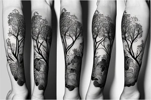 Large black tree branch with ginko leaves, flowers, skull leg sleeve tattoo idea