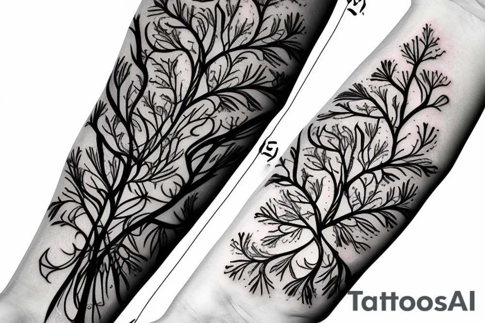 Large black tree branch with ginko leaves, flowers, skull leg sleeve tattoo idea