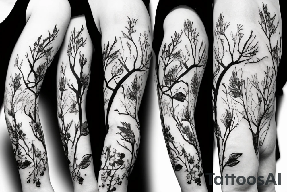 Large black tree branch with ginko leaves, flowers, skull leg sleeve tattoo idea