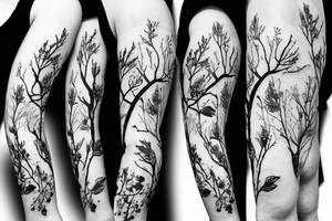 Large black tree branch with ginko leaves, flowers, skull leg sleeve tattoo idea