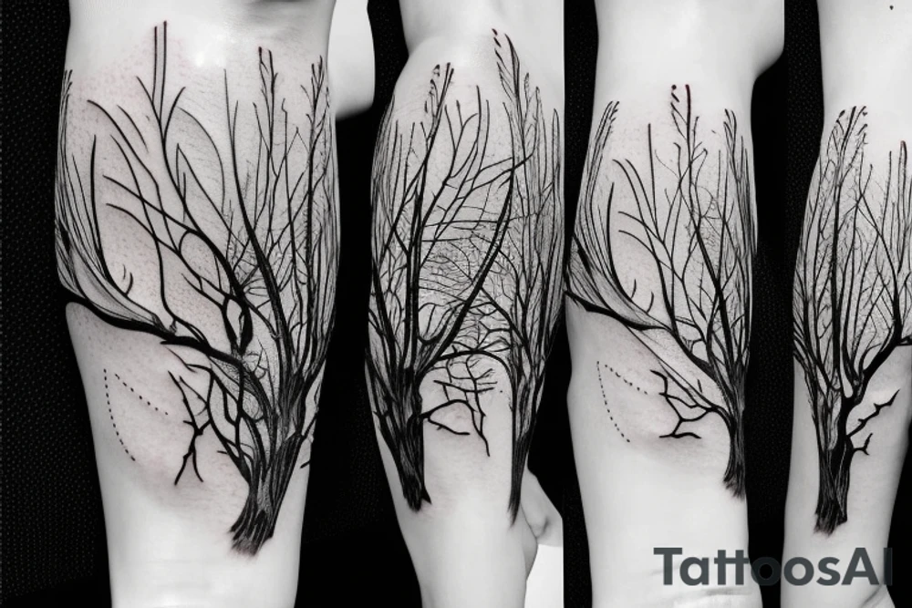 Large black tree branch with ginko leaves, flowers, skull leg sleeve tattoo idea