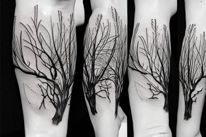 Large black tree branch with ginko leaves, flowers, skull leg sleeve tattoo idea