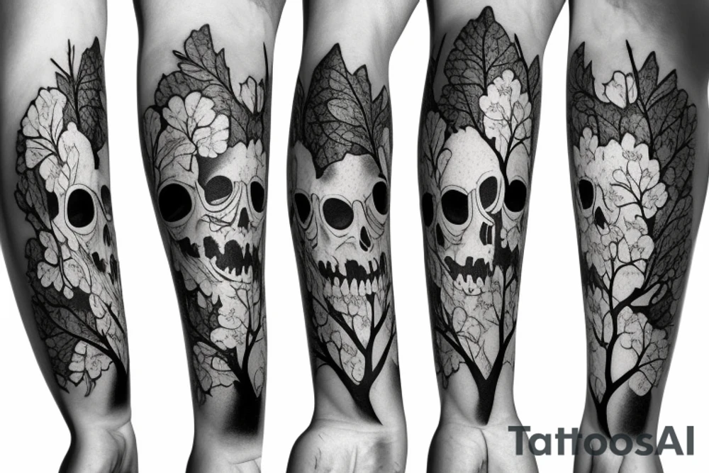 tree branch with ginko leaves, flowers, skull leg sleeve tattoo idea