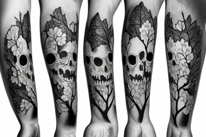 tree branch with ginko leaves, flowers, skull leg sleeve tattoo idea