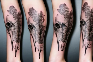 tree branch with ginko leaves, flowers, skull leg sleeve tattoo idea