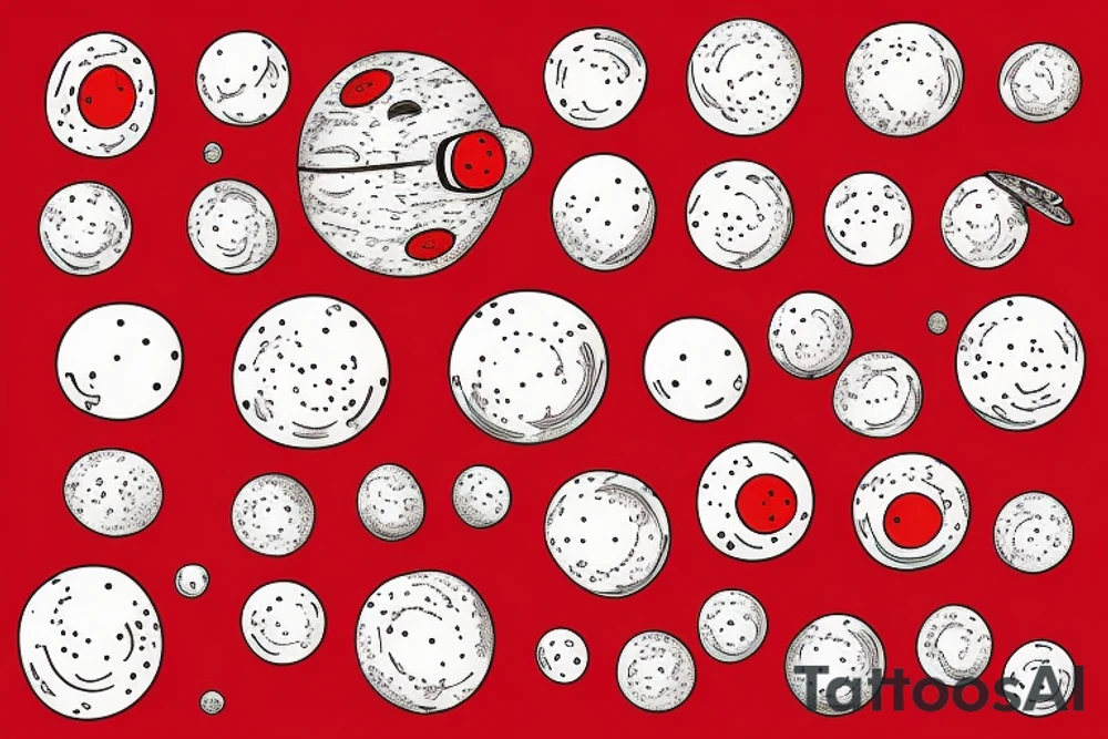 Astronaut sitting atop a red mushroom with white spots. Background is a highly realist sun with the planets around it tattoo idea