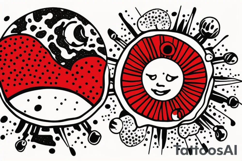 Astronaut sitting atop a red mushroom with white spots. Background is a highly realist sun with the planets around it tattoo idea