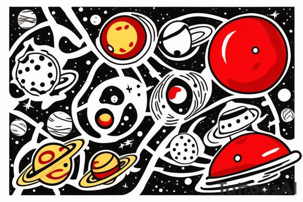 Astronaut sitting atop a red mushroom with white spots. Background is a highly realist sun with the planets around it tattoo idea