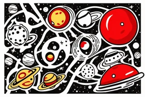 Astronaut sitting atop a red mushroom with white spots. Background is a highly realist sun with the planets around it tattoo idea