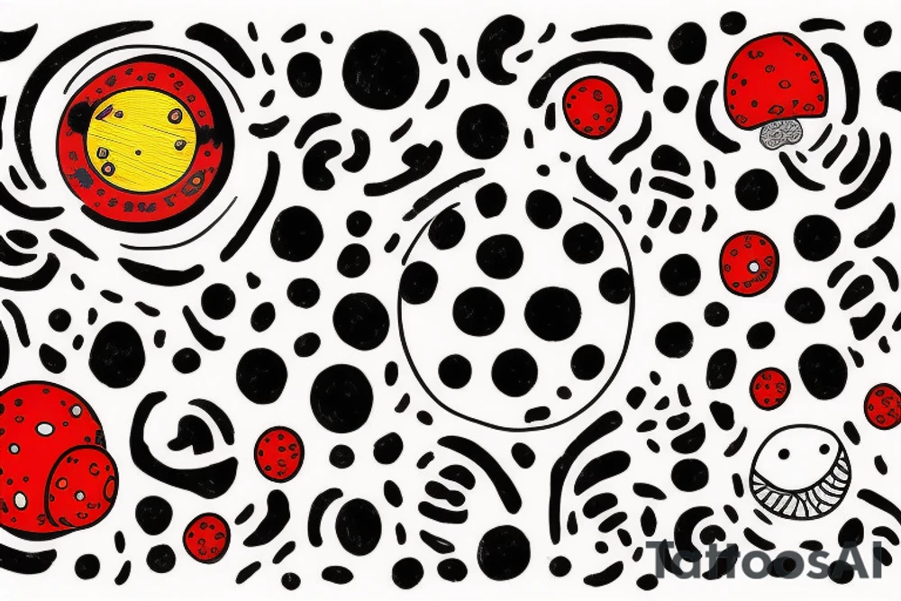 Astronaut sitting atop a red mushroom with white spots. Background is a highly realist sun with the planets around it tattoo idea
