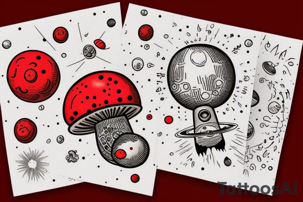 Astronaut sitting atop a red mushroom with white spots. Background is a highly realist sun with the planets around it tattoo idea