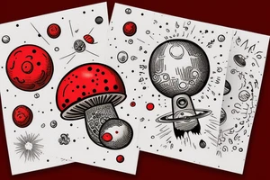 Astronaut sitting atop a red mushroom with white spots. Background is a highly realist sun with the planets around it tattoo idea