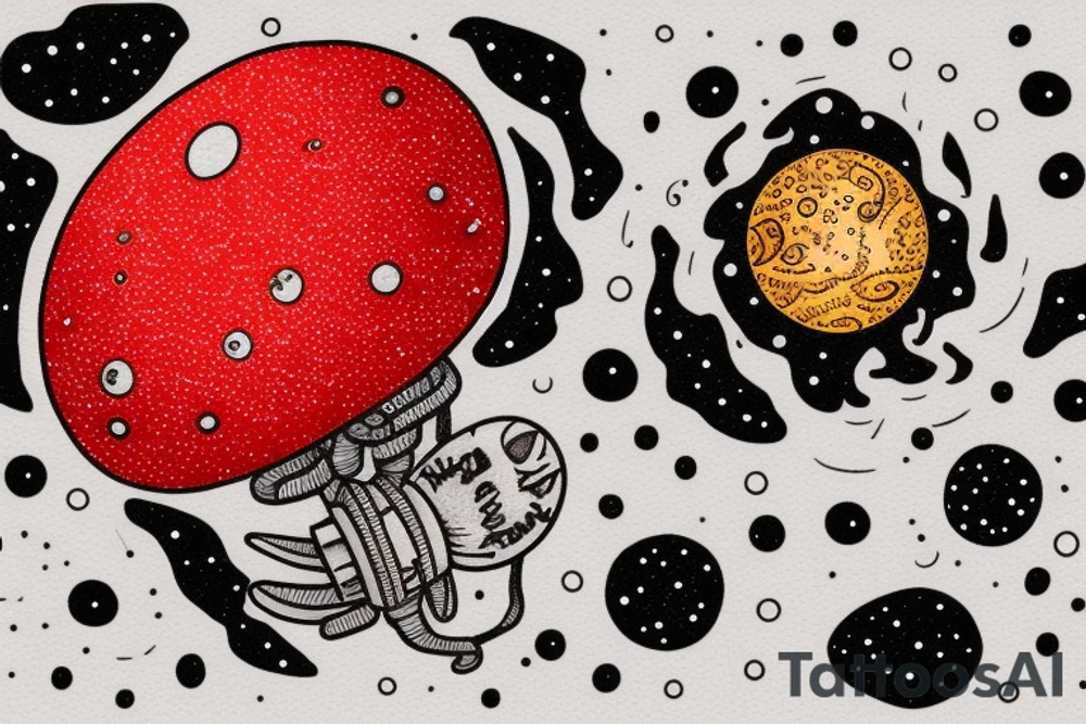 Astronaut sitting atop a red mushroom with white spots. Background is a highly realist sun with the planets around it tattoo idea