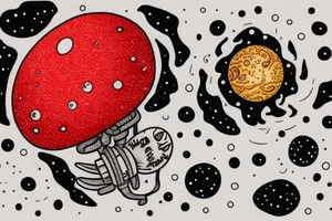 Astronaut sitting atop a red mushroom with white spots. Background is a highly realist sun with the planets around it tattoo idea