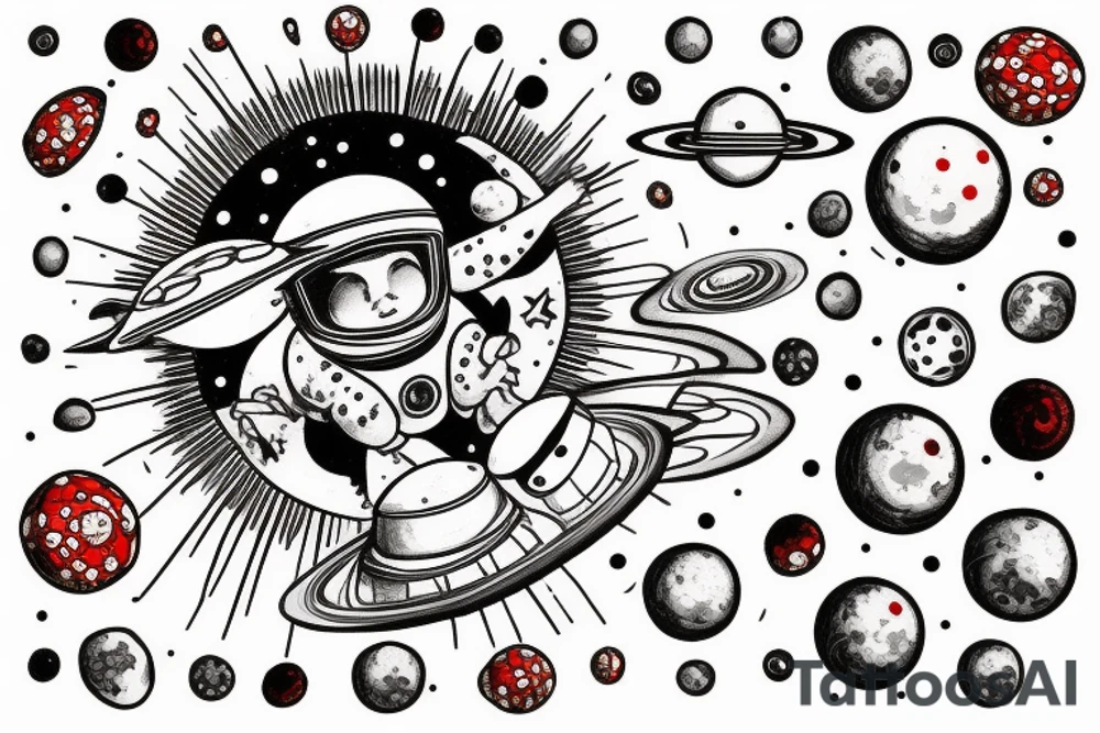 Astronaut sitting atop a red mushroom with white spots. Background is a highly realist sun with the planets around it tattoo idea