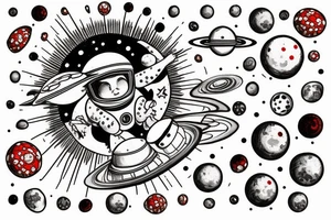 Astronaut sitting atop a red mushroom with white spots. Background is a highly realist sun with the planets around it tattoo idea