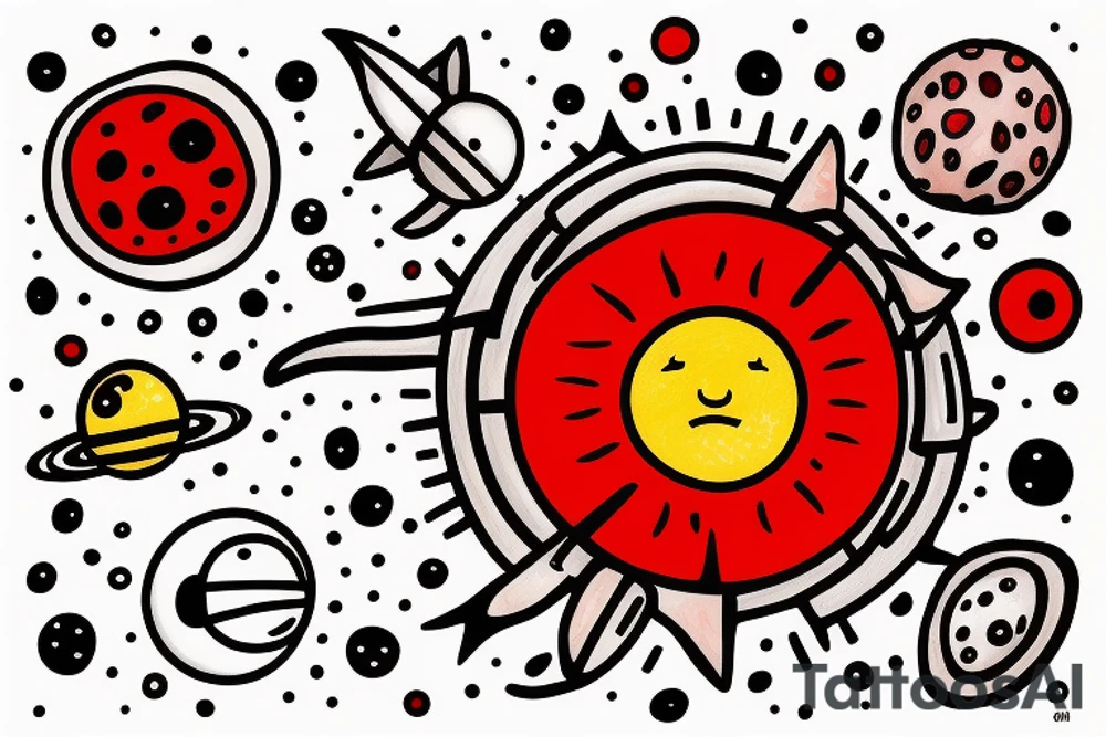 Astronaut sitting atop a red mushroom with white spots. Background is a highly realist sun with the planets around it tattoo idea