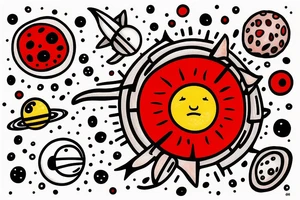 Astronaut sitting atop a red mushroom with white spots. Background is a highly realist sun with the planets around it tattoo idea