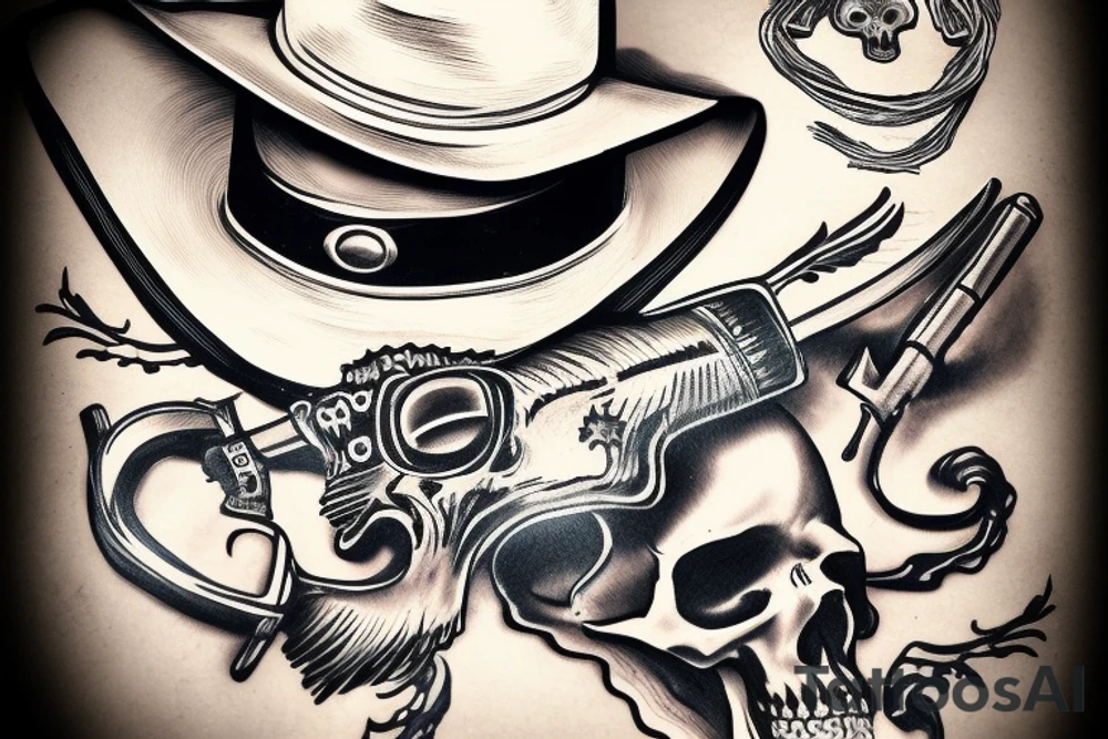 midwest skull with cowboy hat and handkerchief. Guns crossing in the background tattoo idea