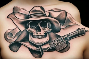 midwest skull with cowboy hat and bandana tied around neck. Revolver crossing underneath skull tattoo idea